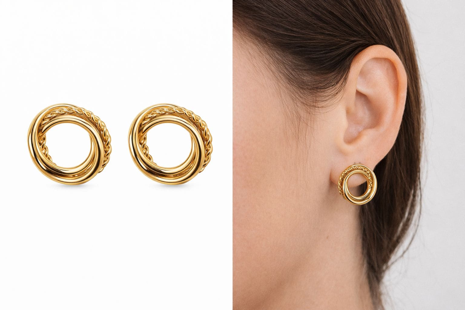 Brinco Feminino Argola Dupla Texturizada em Aço Inox – Dourado e Prata